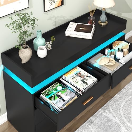 Hlivelood 6 Drawer Dresser with LED Light and Charging Station, Modern Chest of Drawers for Closet, Wide Drawer Organizer Cabinet for Bedroom, Living Room, Entryway, Hallway(Black) - Image 5
