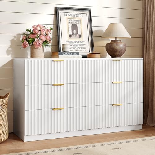 47.2" Wide Fluted 6 Drawer Dresser for Bedroom, White by NDOHCUO