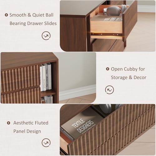 Whalefall 63 Inch Fluted 6 Drawers Dresser with Shelves, Walnut - Image 5