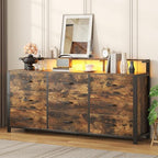 63'' Rustic Brown Dresser for Bedroom, 9 Drawer Dresser with Power Outlet and Led Lights, Bedroom Furniture with Wooden Drawer and Metal Frame, TV Stand with Deep Drawer Storage by Frombepts