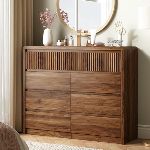 LYNSOM Walnut Fluted 9 Drawer Dresser for Bedroom, Curved Edge, 50" Wide by LYNSOM