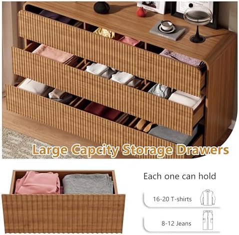 Wodeer Dresser Fluted 6 Drawers Dresser for Bedroom, 47" Wide Wood Chest of Drawers with Hidden Handles & Rounded Corners (Walnut, 9 Drawers, Fluted Panel & Rounded Corners) - Image 4