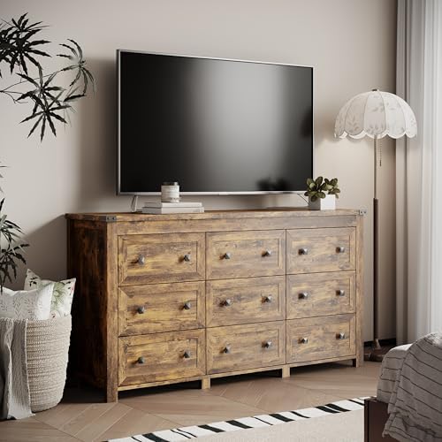 Xixini 59.1" Wide 9-Drawer Farmhouse Dresser for Bedroom, Brown - Image 6