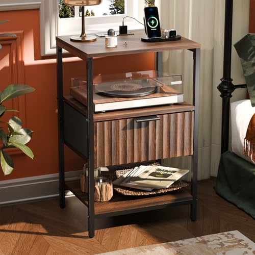VINGLI Nightstand with Charging Station and Fabric Drawer, Walnut Nightstand Fluted with Drawer, Bedside Table/End Table with Charger Station, Side Table Bedroom, Small Night Stand Dark Walnut, 1 pc by VINGLI