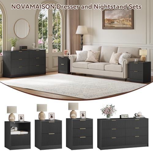 6 Drawer Dresser & 2-Drawer Nightstand Set 3-Piece, Black丨55 Wide Bedroom Set Night Stand Set of 2 with Metal Handle, Fluted Wood Chest of Drawers Storage Dressers Set for Bedroom - Image 3
