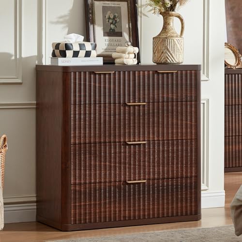 LEYAOYAO Fluted 5 Drawers Dresser for Bedroom, 34" Tall Modern Chest of Drawers with Metal Handle, Curved Profile Design,Walnut Wood Drawer Organizer for Bedroom, Living Room, Hallway, Entryway by LEYAOYAO-Findtheshiningpointofyourideallife%EF%BC%81