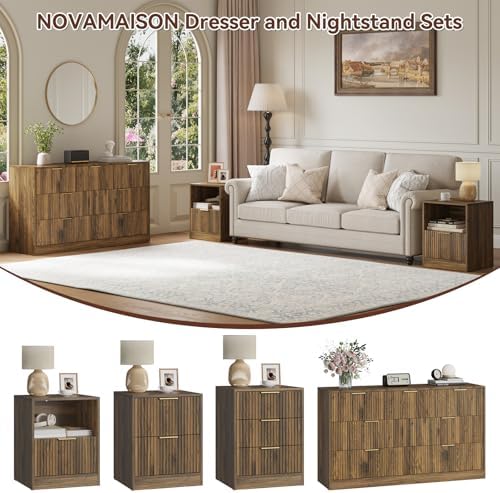 Fluted Dresser & Nightstand Set 3-Piece, 7 Drawer Dressers and Night Stand Set of 2 with Metal Handle, Fluted Mid Century Wood Chest of Drawers Storage Dressers Set for Bedroom, Walnut - Image 2
