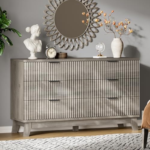 Xixini Fluted Dresser with 6 Drawers, 54" Wide Modern Chest of Drawers with Metal Handle, Wooden Dresser TV Stand, Wood Closet Clothes Storage Organizer for Bedroom, Living Room, Hallway, Light Grey by Xixini