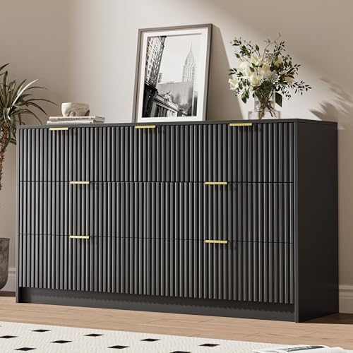 MAISONARIA Black 7 Drawer Dresser for Bedroom, 55.9" Wide Modern Fluted Dresser with Gold Metal Handles, Wide Chest of Drawers for Bedroom, Living Room, Entryway, Hallway by MAISONARIA