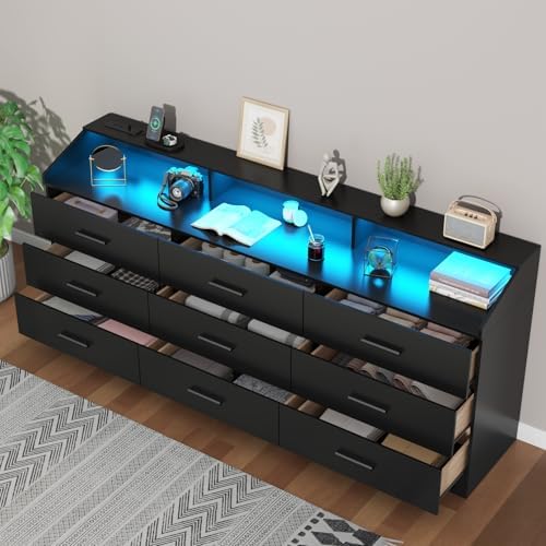 9 Drawer Dressers for Bedroom with Charging Station, 63'' Long Dresser for Closet with Led Light, Modern Black Chest of Drawers with Open Storage Cubby, Triple Wide Wooden Dresser for Entryway Hallway - Image 3