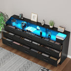 9 Drawer Dressers for Bedroom with Charging Station, 63'' Long Dresser for Closet with Led Light, Modern Black Chest of Drawers with Open Storage Cubby, Triple Wide Wooden Dresser for Entryway Hallway - Image 3