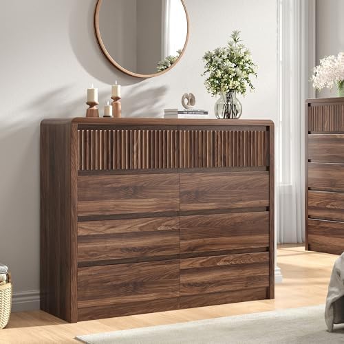 Fluted 8 Drawer Dresser for Bedroom, 50” Wide Modern Dresser & Chest of Drawers with Curved Profile Design, Wood Mid Century Dressers for Bedroom, Living Room, Walnut - Image 5