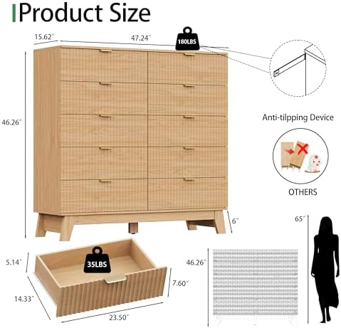Fluted Dresser for Bedroom with 10 Drawers, 48" Wide Modern Chest of Drawers with Metal Handle, Wooden Dresser TV Stand, Wood Closet Clothes Storage Organizer for Living Room, Hallway, Natural Oak - Image 2