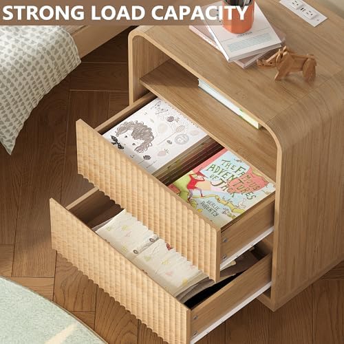 BORNOON Dresser with 2 Drawers and Charging Station, Fluted Bedside Table with Round Curved Corner, Hidden Handles, 2 AC Outlets and 2 USB Ports, Modern Wood End Table with Open Shelf for Bedroom - Image 3