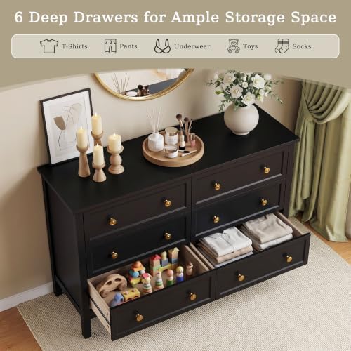 CARPETNAL 47" Black Dresser for Bedroom with Modern Gold Handles & 6 Drawer - Image 4