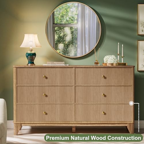 INNOD Fluted 6 Drawers Dresser, 54" Wide Modern Chest of Drawers with Round Corners, Wooden Dresser TV Stand, Wood Drawer Organizer for Bedroom, Living Room, Hallway - Image 4