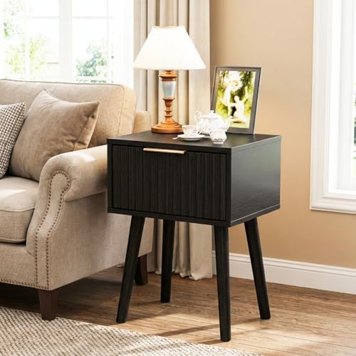 VINGLI Night Stand Set 2, Fluted Nightstands with Drawer, Mid Century Modern Nightstands Set of 2, Bedside Table, End Table, Wood Nightstand for Bedroom, Black, 15.75" W*11.81" D*21.85" H - Image 7