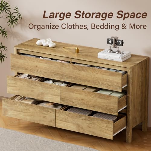 55.1" Wide 6 Drawer Wood Dresser for Bedroom with Legs, Natural Oak - Image 5