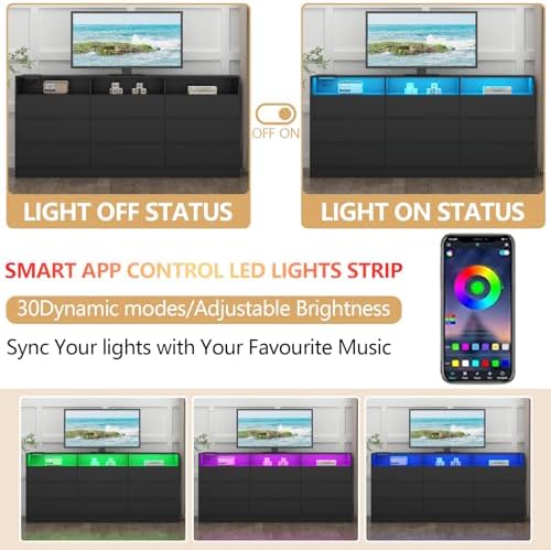 Gyfimoie 63" Black 9-Drawer Dresser for Bedroom w/Power Outlet, LED Light - Image 5