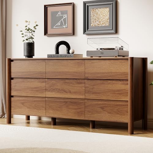 HOUROM Walnut Dresser for Bedroom,63"Wide 9 Drawer Mid Century Modern Chest by HOUROMDresserforBedroom