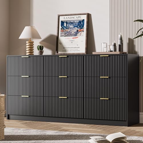 MAISONARIA Black 9 Drawer Dresser for Bedroom, 63" Wide Modern Fluted Dresser with Gold Metal Handles, Chest of Drawers for Bedroom, Living Room, Entryway, Hallway by MAISONARIA