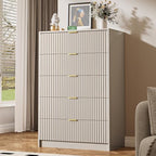MAISONARIA 5 Drawer Dresser for Bedroom, Tall Dresser Chest of Drawers with Gold Handles, 32 Inch Wide Nightstand with for Bedroom, Living Rooms, Offices, and Entryways, Beige by MAISONARIA