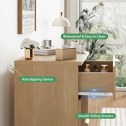 Xixini Fluted Nightstand with 3 Drawers, 24" Wide Side Table, Natural Oak - Image 5