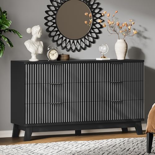 Xixini Fluted Dresser with 6 Drawers, 54" Wide Modern Chest of Drawers with Metal Handle, Wooden Dresser TV Stand, Wood Closet Clothes Storage Organizer for Bedroom, Living Room, Hallway, Solid Black by Xixini