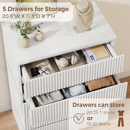 Jocoevol Fluted 5 Drawer Dresser, 43" Tall Dresser for Bedroom, Modern Fluted Chest of Drawers, Wood Drawer Organizer for Living Room, Bedroom, Entryway, Hallway (White) - Image 5