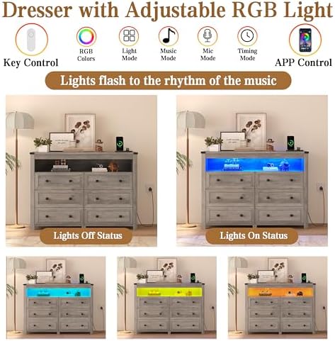 Wodeer Grey Dresser 6 Drawer Dressers for Bedroom with LED Lights, Charging Station, Wood Chest of Drawers with Metal Handles, Modern TV Stand Storage Cabinet for Living Room, Hallway, Entryway, Gray - Image 5