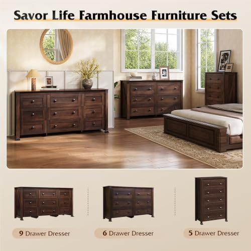 WLIVE Brown Dresser for Bedroom, 9 Drawer Wooden Chest of Drawers with SGS-Tested Anti-Tip Design, 62 Inch Wide Rustic Dresser TV Stand for Living Room, Hallway and Closet, Large Storage Cabinet - Image 6