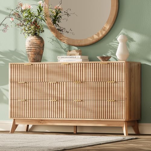54" Wide Fluted 7 Drawers Dresser for Bedroom,Curved Edge,Oak by TROJMHome