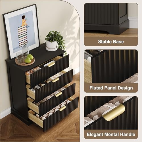 Wooden 4 Drawer Dresser for Bedroom, 36.6 in Tall Fluted Dresser with Metal Handles, Modern Chest of Drawers for Bedroom, Living Room, Entryway, Black - Image 6