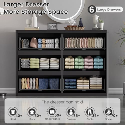 Standifurno Black 6 Drawers Double Dresser, Fluted Dresser for Bedroom, Modern Chest of Drawers with Handleless, Curved Profile Dressers TV Stand, Wood Storage Organizer for Living Room, Hallway - Image 3