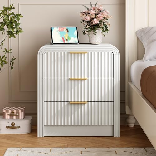 Decofy Fluted 3-Drawer Nightstand with Charging Station, Pure White - Image 6