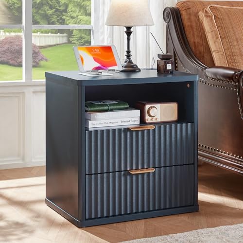 LEYAOYAO Fluted Nightstand Set of 2 with Charging Station,23" Farmhouse Nightstand with Woodgrain Top,Blue 3 Drawer End Table w/Storage, BedsideTables for Bedroom, Living Room, Curved Profile - Image 2
