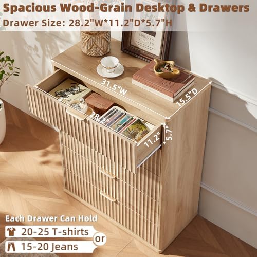LEYAOYAO Fluted 5 Drawers Dresser for Bedroom, 41" Tall Modern Chest of Drawers with Metal Handle, Curved Profile Design,Natural Wood Drawer Organizer for Bedroom, Living Room, Hallway, Entryway - Image 6