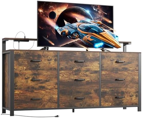 63'' Rustic Brown Dresser for Bedroom, 9 Drawer Dresser with Power Outlet and Led Lights, Bedroom Furniture with Wooden Drawer and Metal Frame, TV Stand with Deep Drawer Storage - Image 6