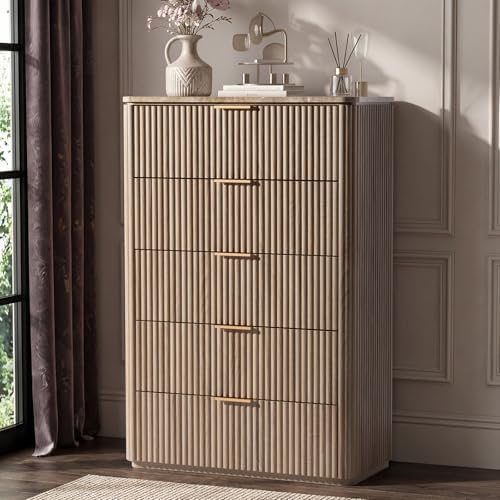 46"W Fluted 5 Drawer Bedroom Dresser, with Faux Marble Top,Natural Oak by DelArk