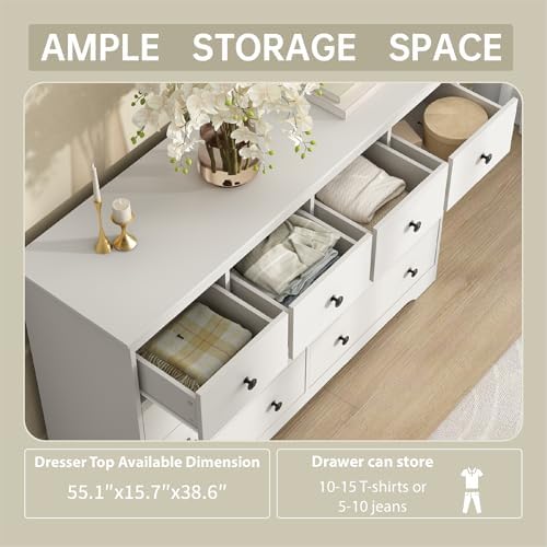 White Dresser for Bedroom, 10 Drawer Dresser with Large Drawers, 55 Inch Wide Wood Chest for Living Room, Hallway - Image 3