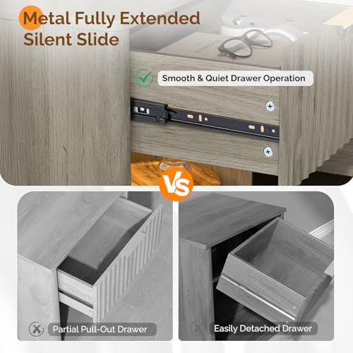 VINGLI Night Stand with Charging Station & Led Light, 19" W Fluted Nightstand Round Edge, Wood Nightstand Mid Century Modern End Table, Bed Side Table for Bedroom, Living Room, Gray Oak - Image 7