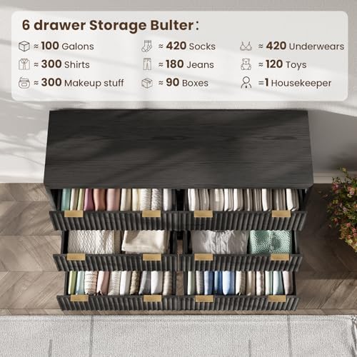 47" Wide Fluted 6 Drawers Dresser for Bedroom,Curved Edge,Black - Image 6