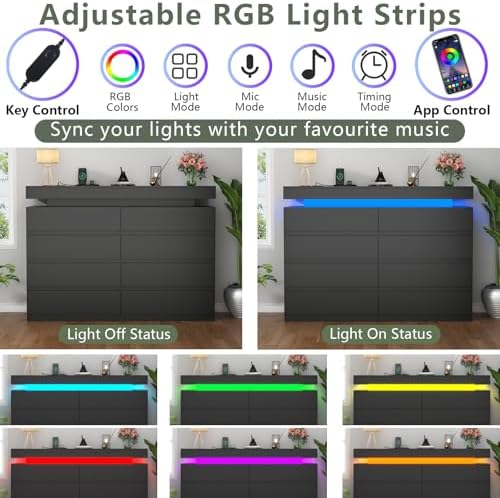 Gyfimoie 8 Drawer Dresser with Power Outlet, Modern Dresser with LED Light - Image 4