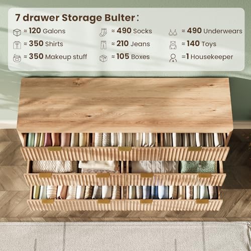 54" Wide Fluted 7 Drawers Dresser for Bedroom,Curved Edge,Oak - Image 4