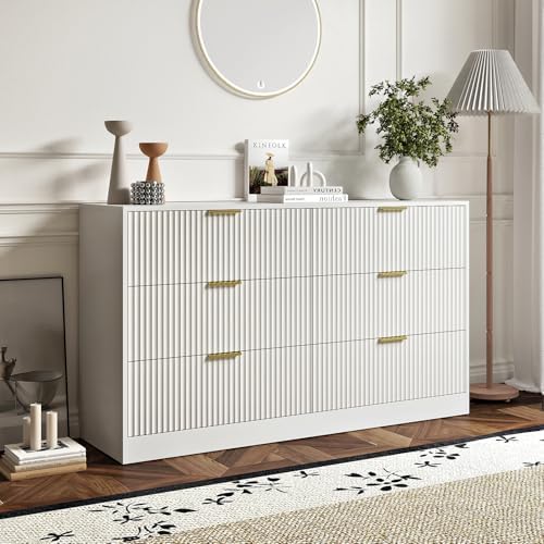 6 Drawers Fluted Dresser for Bedroom, 55" Wide Wooden Dresser with Deep Drawers, Large Floor Chest of Drawers, Modern Long TV Stand, Storage Cabinet Side Table, White by Provideyouwithbestproduct%EF%BC%81