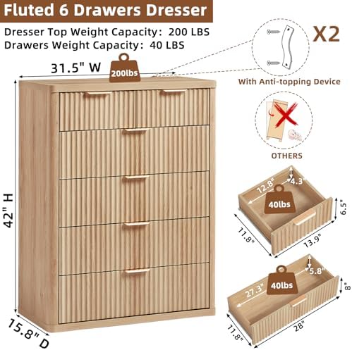 LEYAOYAO Farmhouse Fluted 6 Drawers Dresser for Bedroom, 42" Tall Modern Chest of Drawers with Curved Profile Design & Metal Handle,Natural Wood Drawer Organizer for Bedroom - Image 2