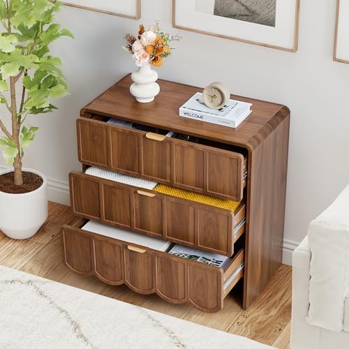 ORRD 3 Drawer Dresser for Bedroom Set of 2, Modern Closet Chest of Drawers with Wave Fluted Drawer, Wood Storage Small Dresser Organizer for Nursery Bedroom Living Room Hallway Closet (Walnut) - Image 4