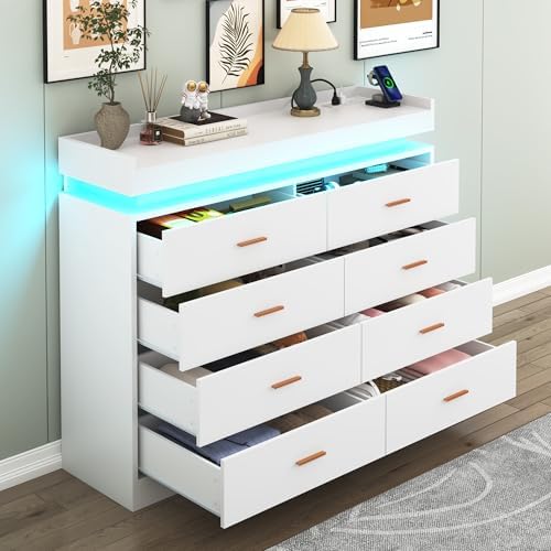 Hlivelood 8 Drawer Dresser with LED Light and Charging Station, Modern Chest of Drawers for Closet, Wide Drawer Organizer Cabinet for Bedroom, Living Room, Entryway, Hallway(White) - Image 3