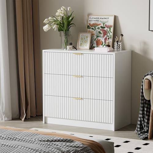 Furniway White Dresser for Bedroom, Modern Dresser with 3 Drawers and Smooth Slides, Wide Chest of Drawers with Golden Handles for Bedroom, Living Room, Closet, 15.7" D x 31.5" W x 29.6" H - Image 5