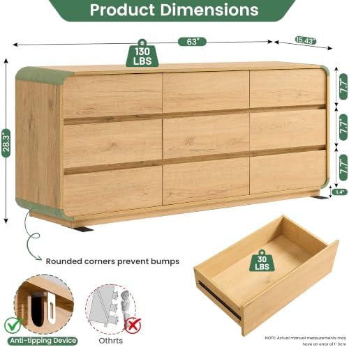 Standifurno Natural Dresser for Bedroom with 9 Drawers, 63" Wide Modern Drawers with Curved Design, Wood Drawer Organizer for Living Room, Hallway - Image 2